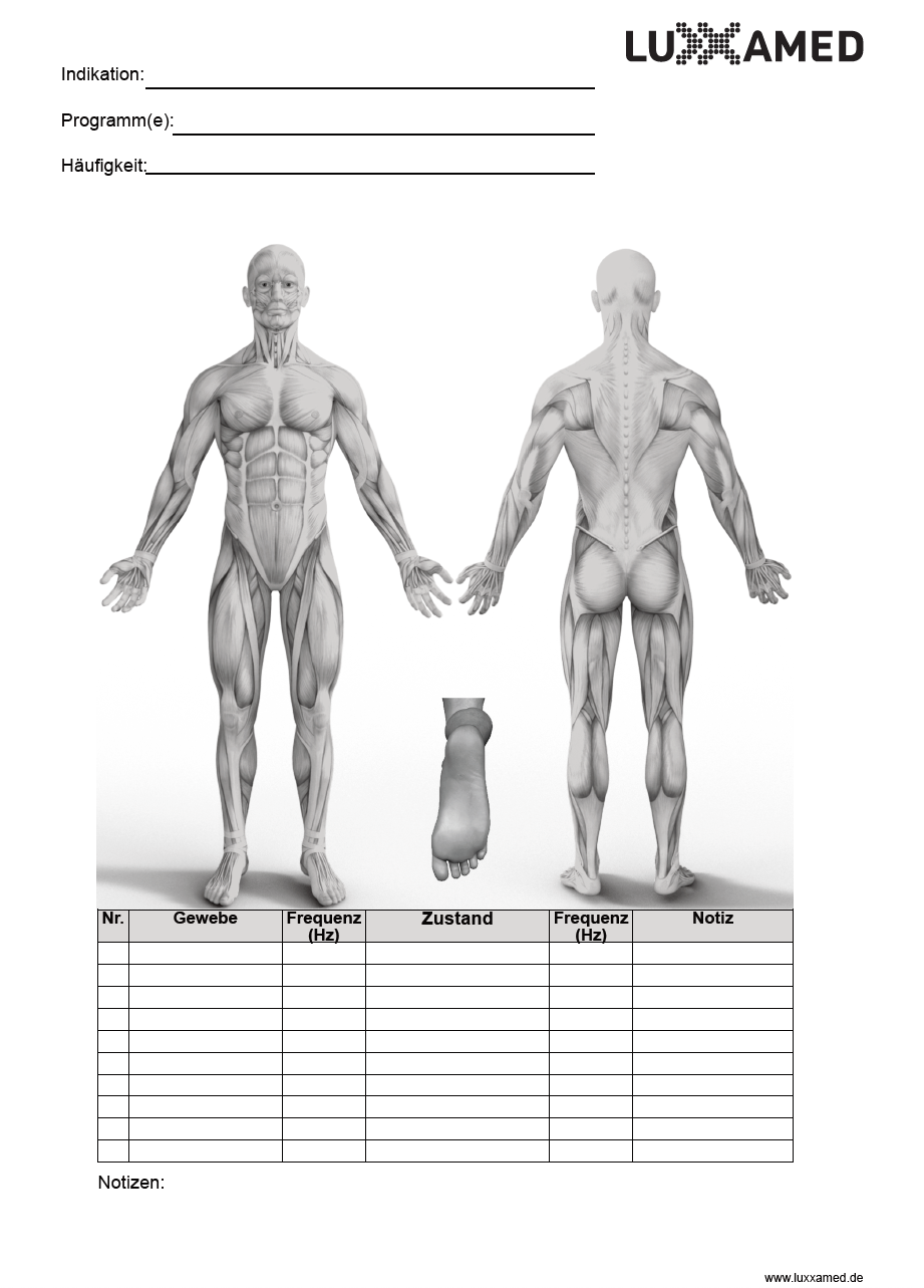Luxxamed Notizbuch – Dokumentation von Elektrodenanlagen & FSM-Frequenzen